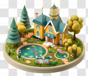 Cartoon School - Charming Fantasy House With Pond And Trees Transparent PNG