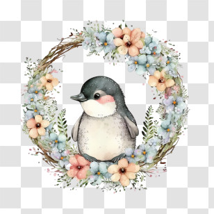 Cute Penguin
 - Penguin Within Floral Wreath Illustration Transparent PNG
