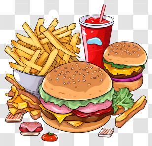 Fast Food - Quick Fast Food Hamburger Set With Drink And Fried Items Transparent PNG