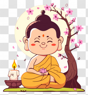 Buddha - Cartoon Buddha Meditation With Cherry Blossoms Transparent PNG