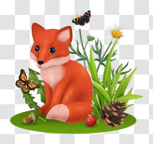 Cartoon Fox - Red Fox With Butterflies And Plants Transparent PNG