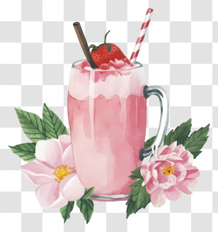 Pink Drink - Strawberry Milkshake With Flower Decoration Transparent PNG