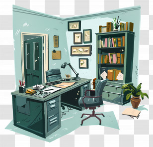 Modern Office - Cozy Office Room With Desk And Bookshelf Transparent PNG