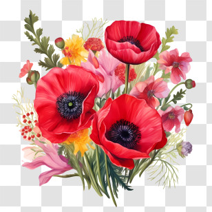 Poppy Flower - Red Poppy And Wildflower Bouquet Transparent PNG