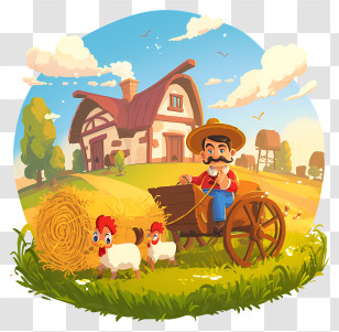 Cartoon Farmer - Farmer With Cart And Chickens Transparent PNG