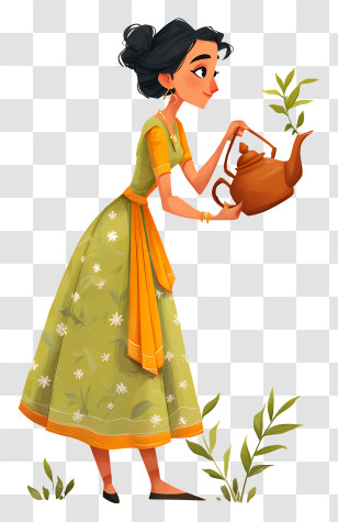 Indian Woman Picking Tea - Woman In Green Dress Pouring Tea Transparent PNG