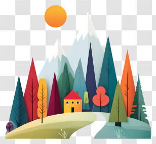 Mountain Day - Mountain Landscape With House And Trees Transparent PNG