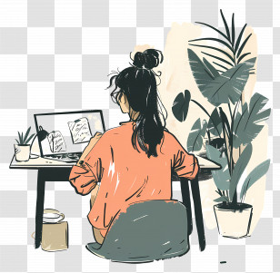 Cartoon Woman Working - Woman Working At Desk With Laptop Transparent PNG