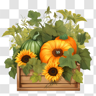 Autumn Gourds
 - Pumpkins And Sunflowers In Wooden Crate Illustration Transparent PNG