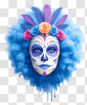 Sugar Skull Face Paint - Blue Sugar Skull With Flowers And Feathers Transparent PNG