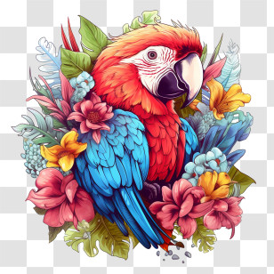 Parrot - Bright Macaw With Decorative Flowers Illustration Transparent PNG