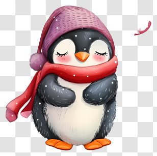 Detailed Character Illustrations - Adorable Penguin Wearing Winter Scarf And Cap Transparent PNG