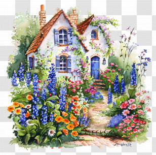 Cottage Garden - Charming Cottage With Blooming Flowers Transparent PNG