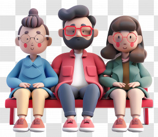 People Sitting - 3D Cartoon Family Sitting On A Bench Transparent PNG