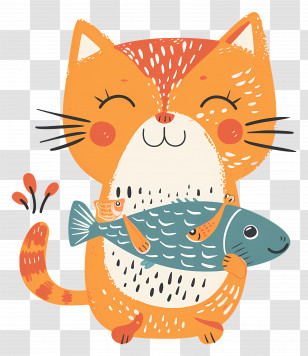 Cat Holding Fish - Cute Cartoon Cat Holding A Fish Transparent PNG