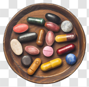 Medicine Tablet - Wooden Plate Filled With Capsules And Pills Transparent PNG
