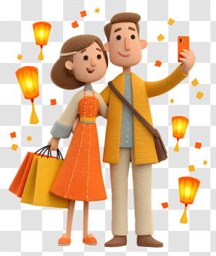 Shopping Couple Taking Selfie - Couple Taking Selfie With Lanterns Transparent PNG