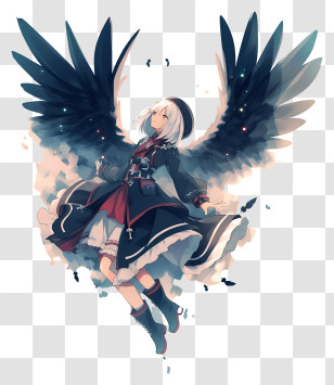 Anime Flying Pose - Anime Angel Girl With Black Wings Transparent PNG