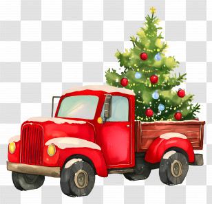 Christmas Tree - Red Truck Carrying Decorated Christmas Tree Transparent PNG