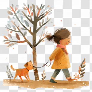 Girl Walking With Dog - Girl Walking Dog In Autumn Transparent PNG
