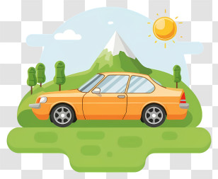 Cartoon - Yellow Car In Scenic Nature Background Transparent PNG