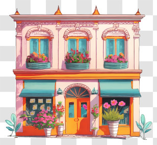 Pink Building - Pink Two-Story Shop With Flower Decor Transparent PNG