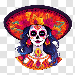 Dia De Los Muertos
 - Woman With Sugar Skull Makeup And Floral Hat For Day Of The Dead Transparent PNG