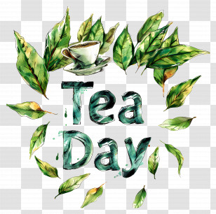 International Tea Day - Tea Day Lettering With Green Leaf Design Transparent PNG