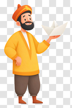 Indian Sailor Holding Paper Boat - Man In Orange Hat Holding Paper Boat Transparent PNG