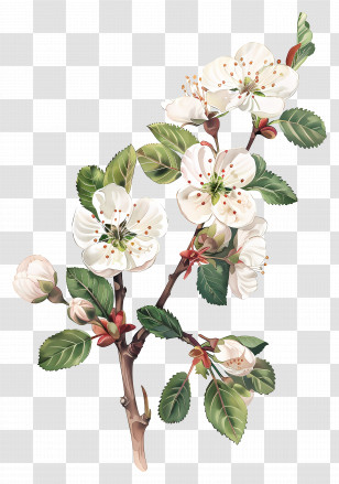 Vintage Flowers - Illustration Of White Cherry Blossoms On A Branch Transparent PNG