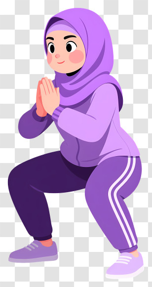 Muslim Woman Doing Exercise - Purple‑Clad Hijab Woman Doing Squats Transparent PNG