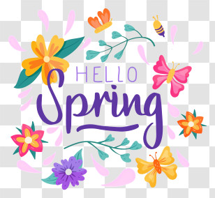 Spring Greeting - Hello Spring Greeting With Flowers And Butterflies Transparent PNG
