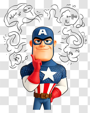 Captain America Thinking - Cartoon Superhero Thinking Pose Transparent PNG