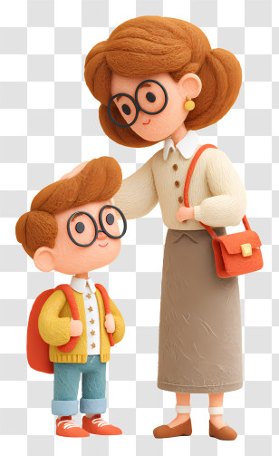 Get Ready For School - Mother And Son In Cartoon Style Transparent PNG