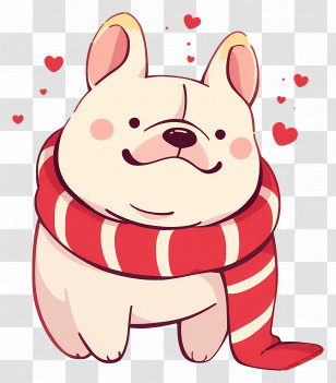 Cute French Bulldog - Cartoon Dog Wearing A Red Striped Scarf Transparent PNG