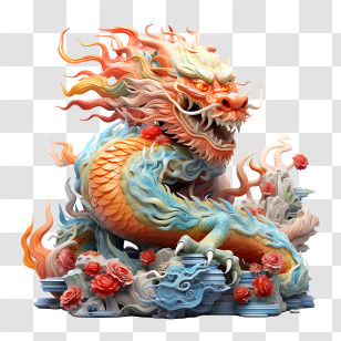 Chinese Cartoon Dragon - Mythical Chinese Dragon Sculpture With Fiery Details Transparent PNG