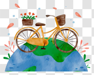 Bicycle Painting - Yellow Bicycle With Flower Basket Transparent PNG