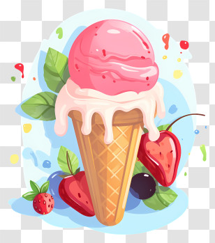 Keywords - Pink Ice Cream Cone With Fresh Fruits And Leaves Transparent PNG