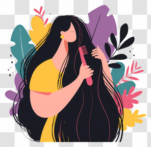 Woman Combing Long Hair - Woman Combing Hair With Leafy Background Transparent PNG