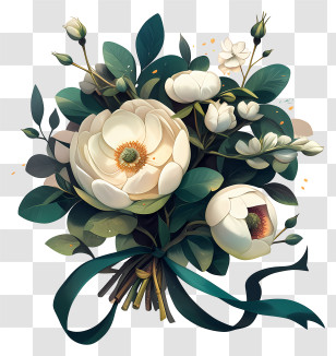 Flower Bouquet Art - White Flower Bouquet With Ribbon Transparent PNG