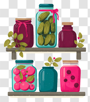 Colorful Jars On Kitchen Shelves - Colorful Preserved Jars On Shelves Transparent PNG
