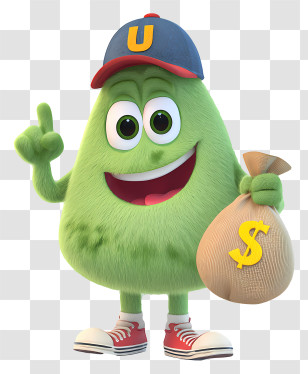 Mascot With Money Bag - Playful Green Cartoon Character Transparent PNG