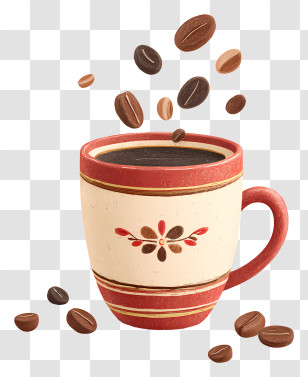 Yemeni Coffee - Decorative Coffee Cup With Floating Beans Transparent PNG