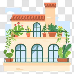 Rooftop Garden - Cute House With Balcony And Plants Transparent PNG