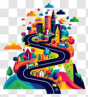 Cartoon Road - Colorful Road Through City And Countryside Transparent PNG