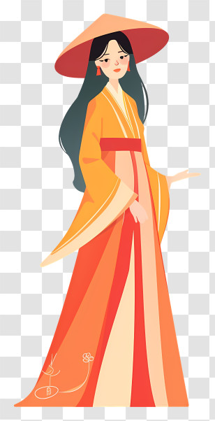Ao Dai - Elegant Woman In Traditional Orange Dress With Hat Transparent PNG