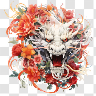 Chinese Dragon New Year - White Dragon Head Surrounded By Red Flowers Transparent PNG
