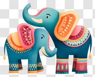 Watercolor Elephant Couple - Patterned Elephants With Colorful Designs Transparent PNG