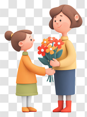 Girl Giving Bouquet To Mother - Child Giving Flowers To Mother Transparent PNG