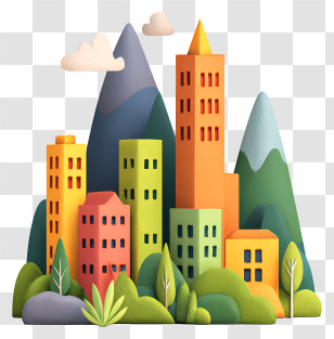City In Mountains - Colorful Cityscape With Mountains Transparent PNG